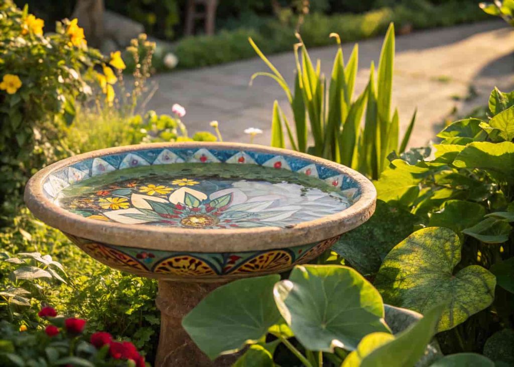 A colorful mosaic bird bath bowl with artistic tile patterns in a sunny garden