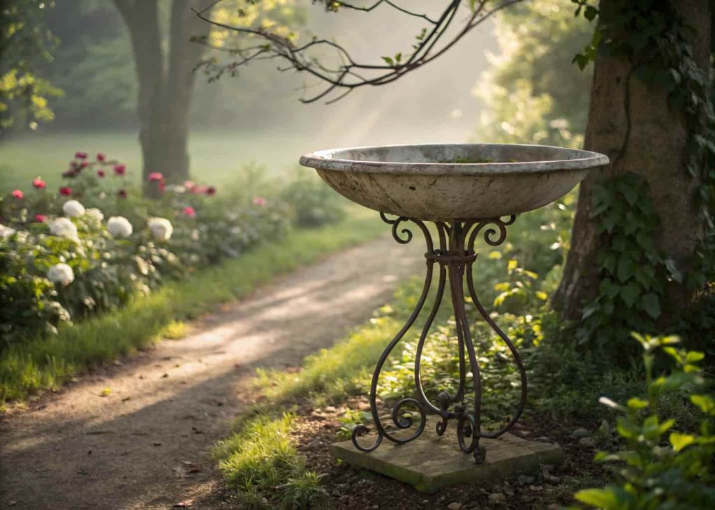 A vintage metal bird bath bowl with a rustic stand in a shaded garden corner