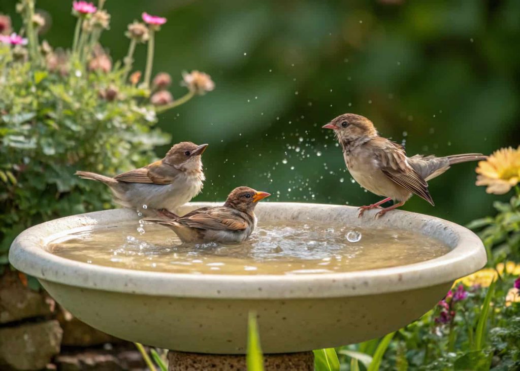 A shallow bird bath bowl with small stones and birds bathing in it
