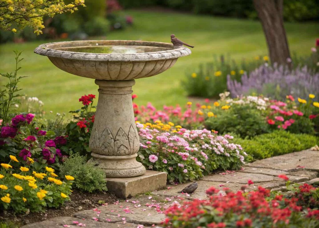 A pedestal bird bath bowl placed among colorful flowers in a garden