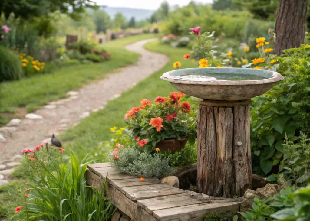 A recycled bird bath bowl made from an old dish in a creative garden setup