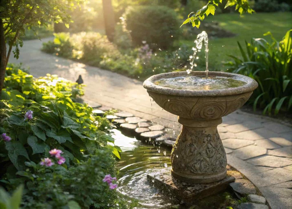 A solar fountain bird bath bowl with flowing water in a sunny garden