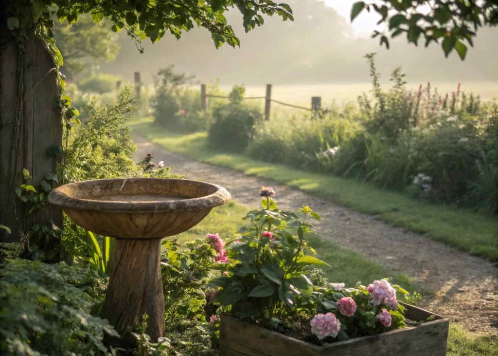 A wooden bird bath bowl in a rustic garden surrounded by greenery