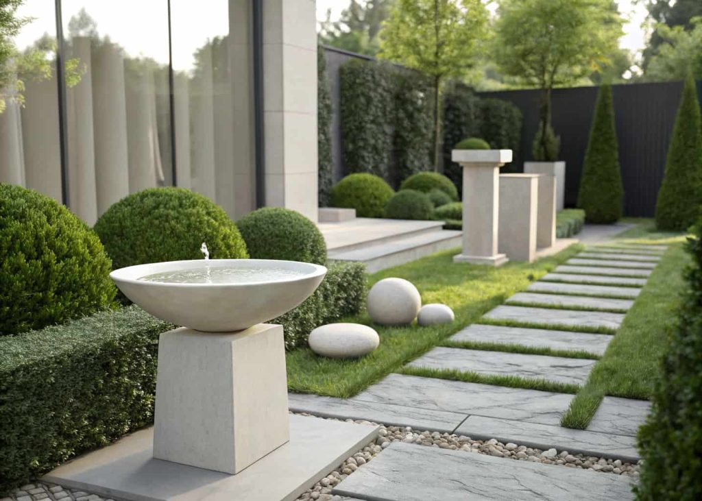 A minimalist bird bath bowl with a simple design in a modern garden setting