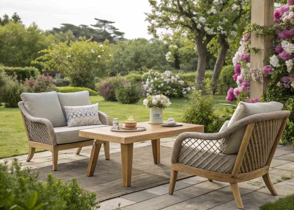 Stylish outdoor furniture setup with cushioned chairs, wooden table, and garden surroundings