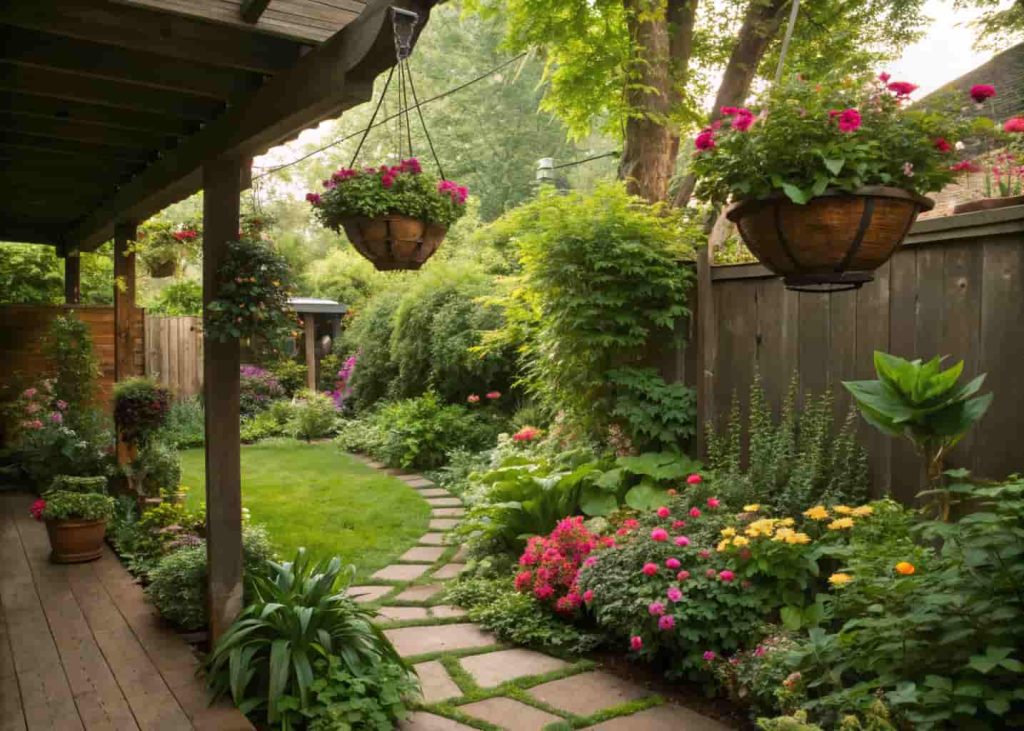 Backyard filled with lush plants, hanging planters, and colorful flowers
