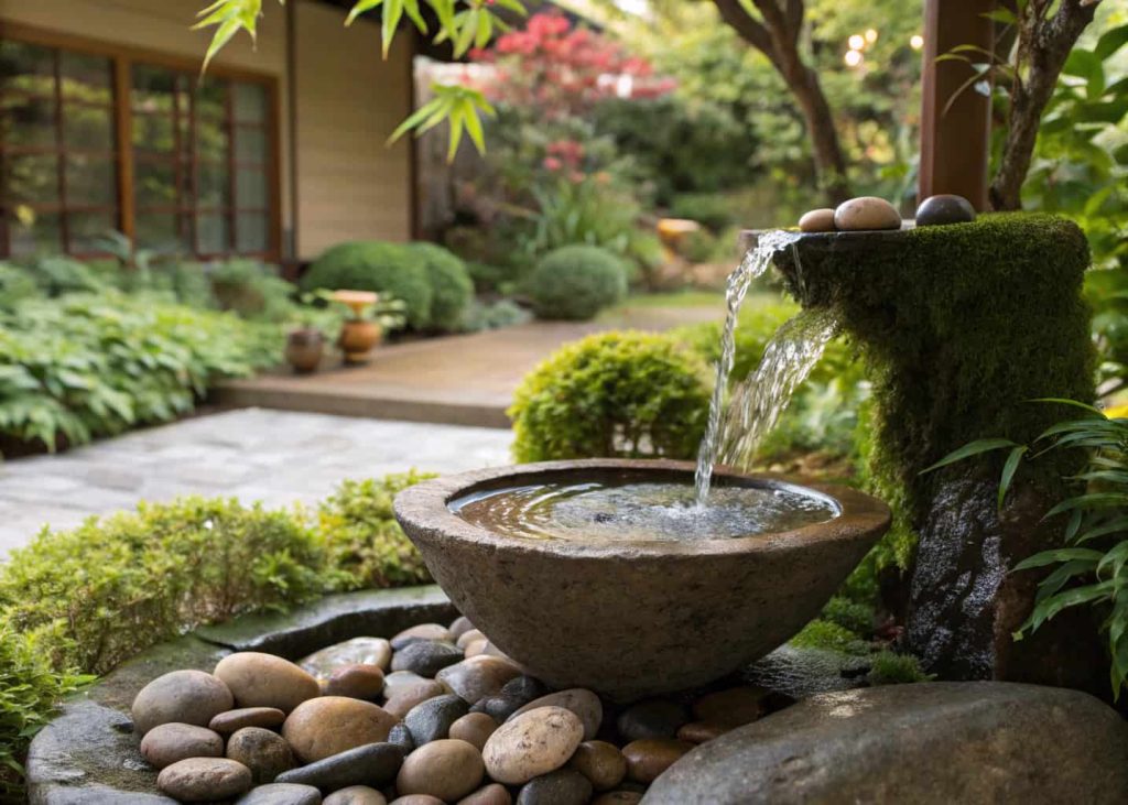 Small garden fountain with flowing water, surrounded by stones and greenery