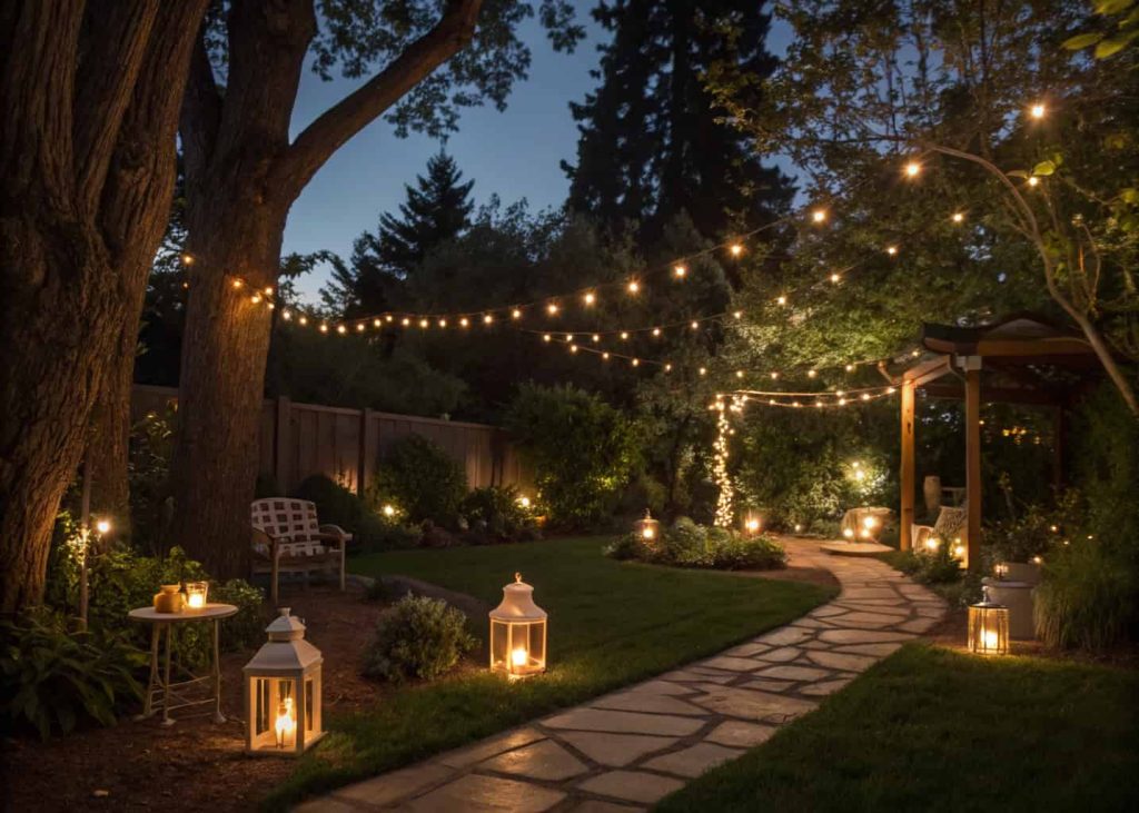 Backyard with string lights, lanterns, and warm glowing ambiance at night