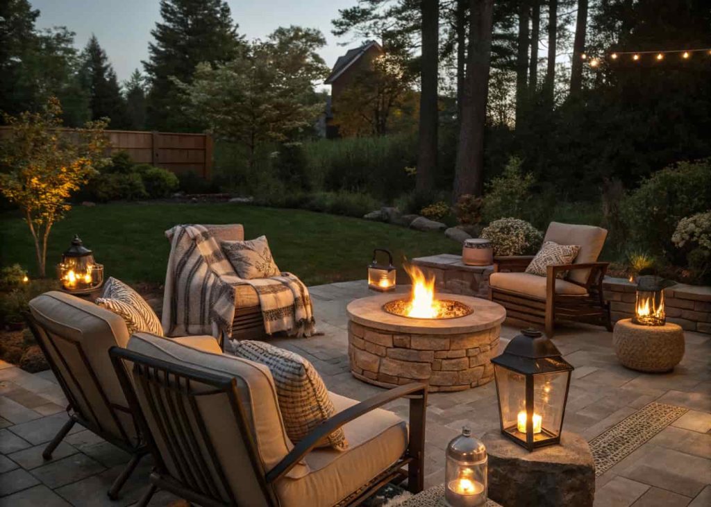 Backyard fire pit with seating, warm fire glow, and cozy evening setting