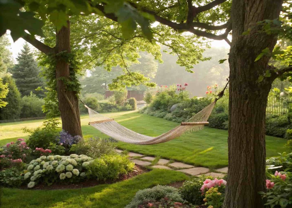Hammock hanging between trees in a peaceful backyard garden