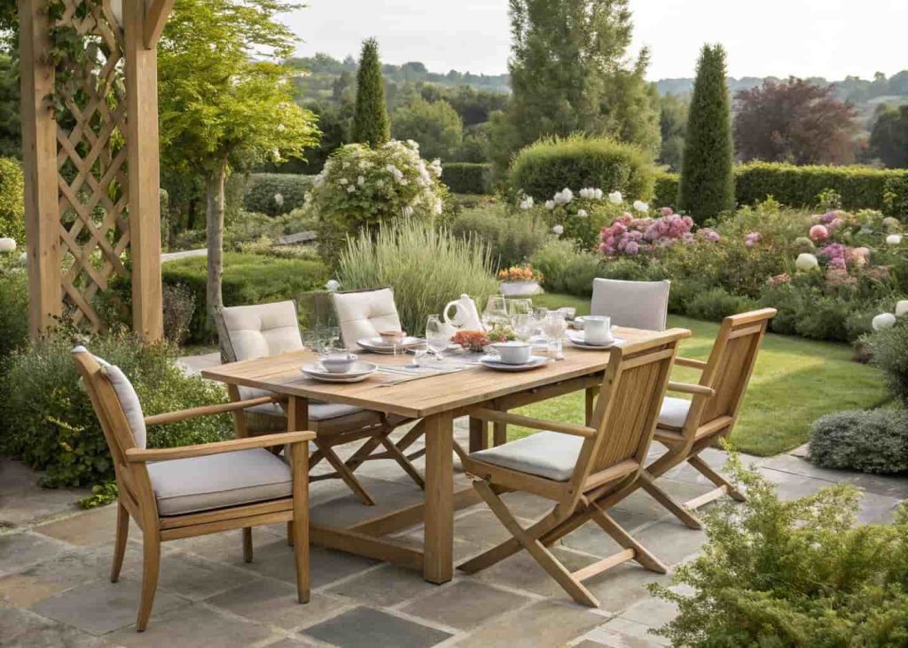 Outdoor dining setup with table, chairs, and garden surroundings