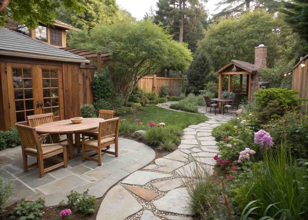 Backyard with wooden furniture, stone pathway, and natural garden design