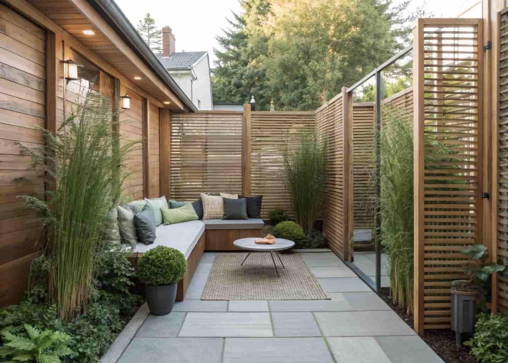Backyard with privacy screens, tall plants, and cozy hidden seating area