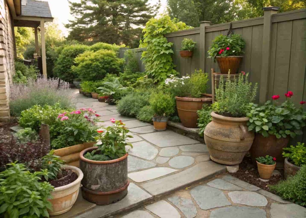 Small garden corner with potted plants, herbs, and flowers