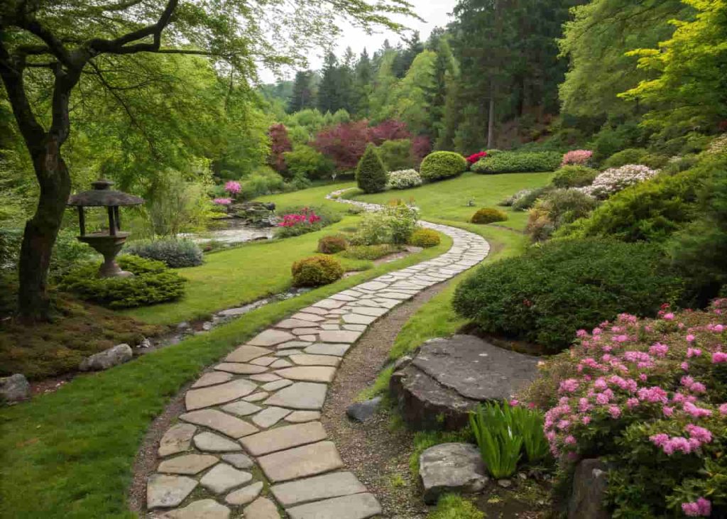 Stone pathway leading through a landscaped backyard garden