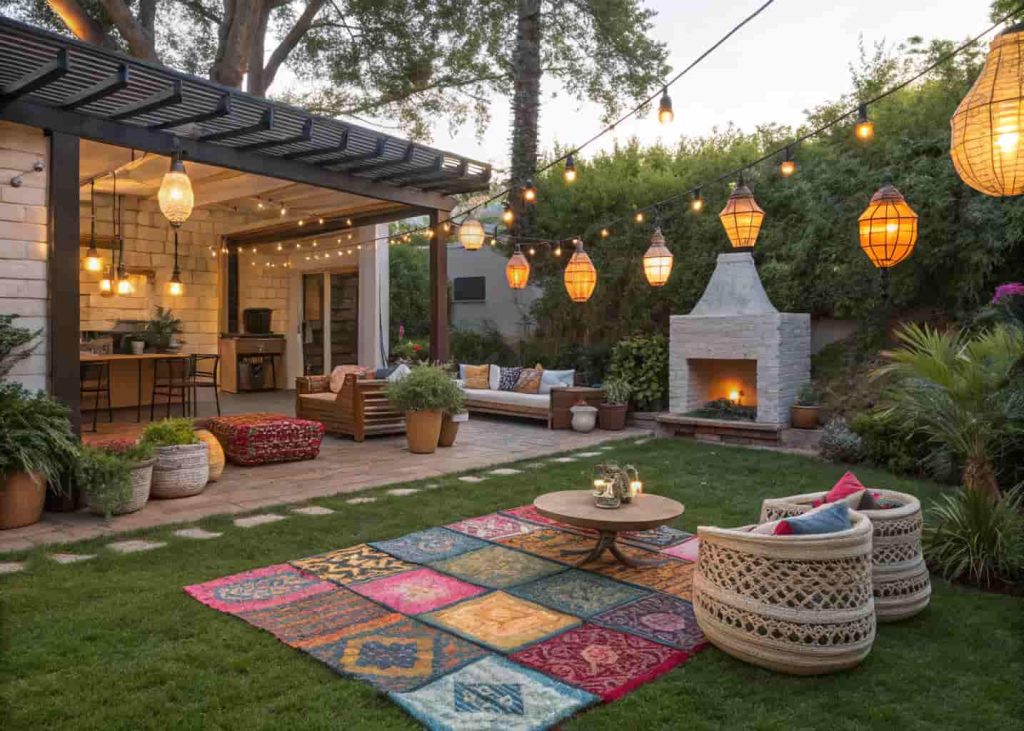 Decorated backyard with rugs, lanterns, and stylish outdoor accessories