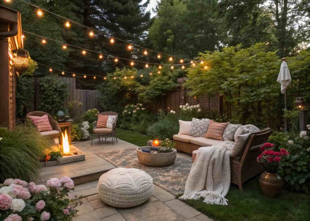 Personalized backyard oasis with cozy decor, plants, and relaxing setup