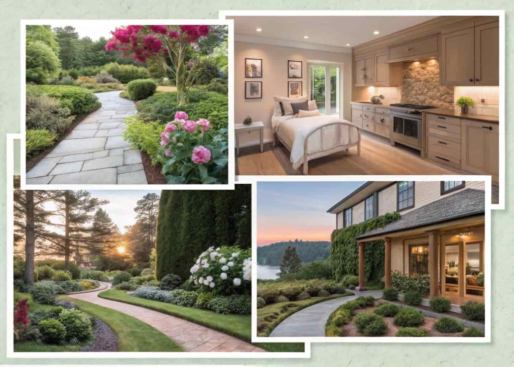 A creative vision board with pictures of luxurious interiors, cozy bedrooms, modern kitchens, and beautiful gardens.”