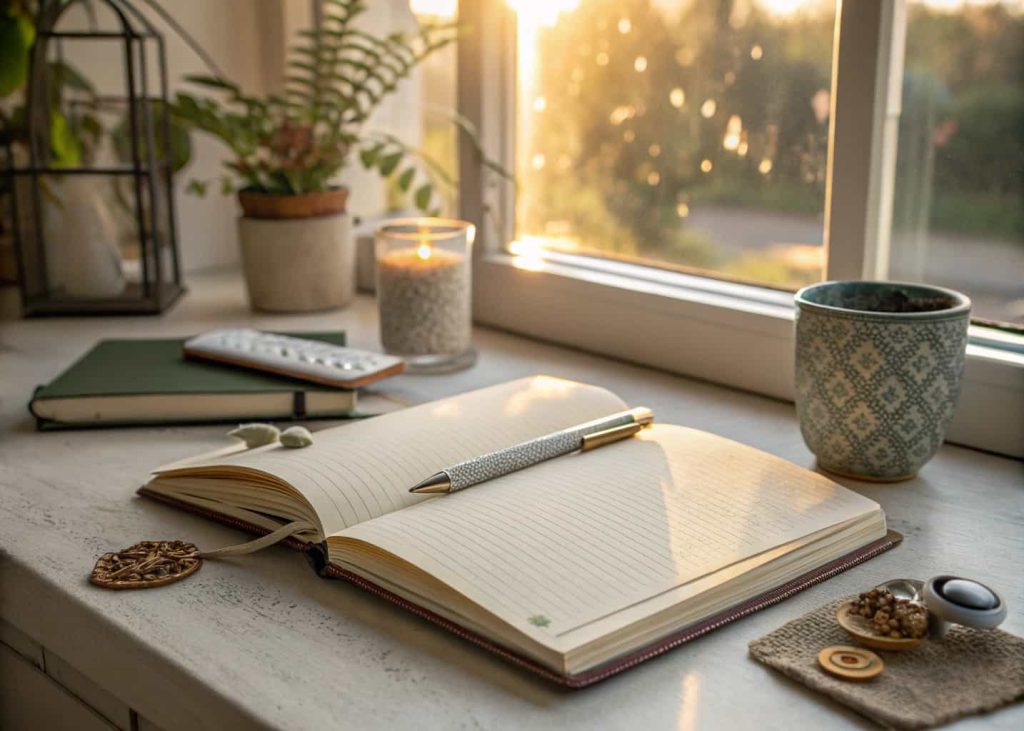 A cozy journal on a desk with a pen, surrounded by small decorative items, and sunlight filtering through a window.”