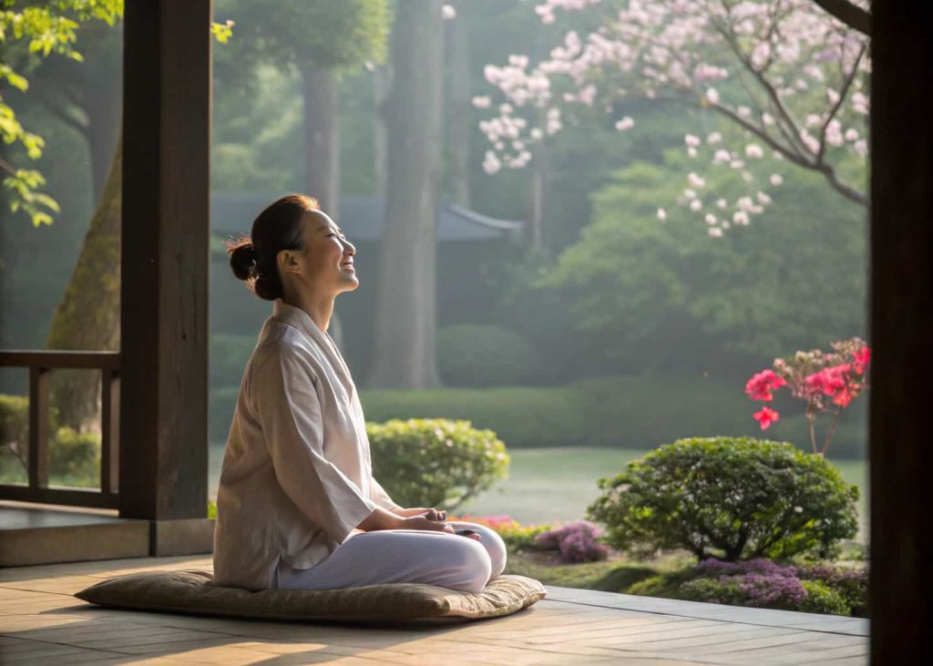 A serene morning scene with a woman meditating, eyes closed, smiling, with soft natural light in the background.”