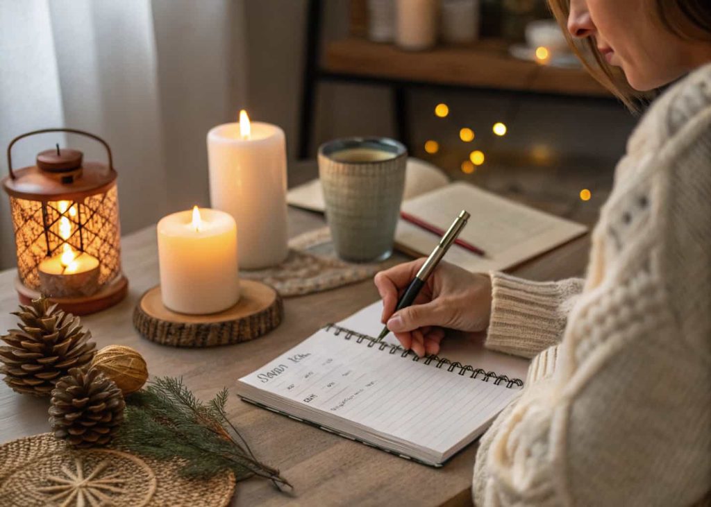A person sitting at a desk writing detailed home goals on a notepad, surrounded by candles and cozy decor.”