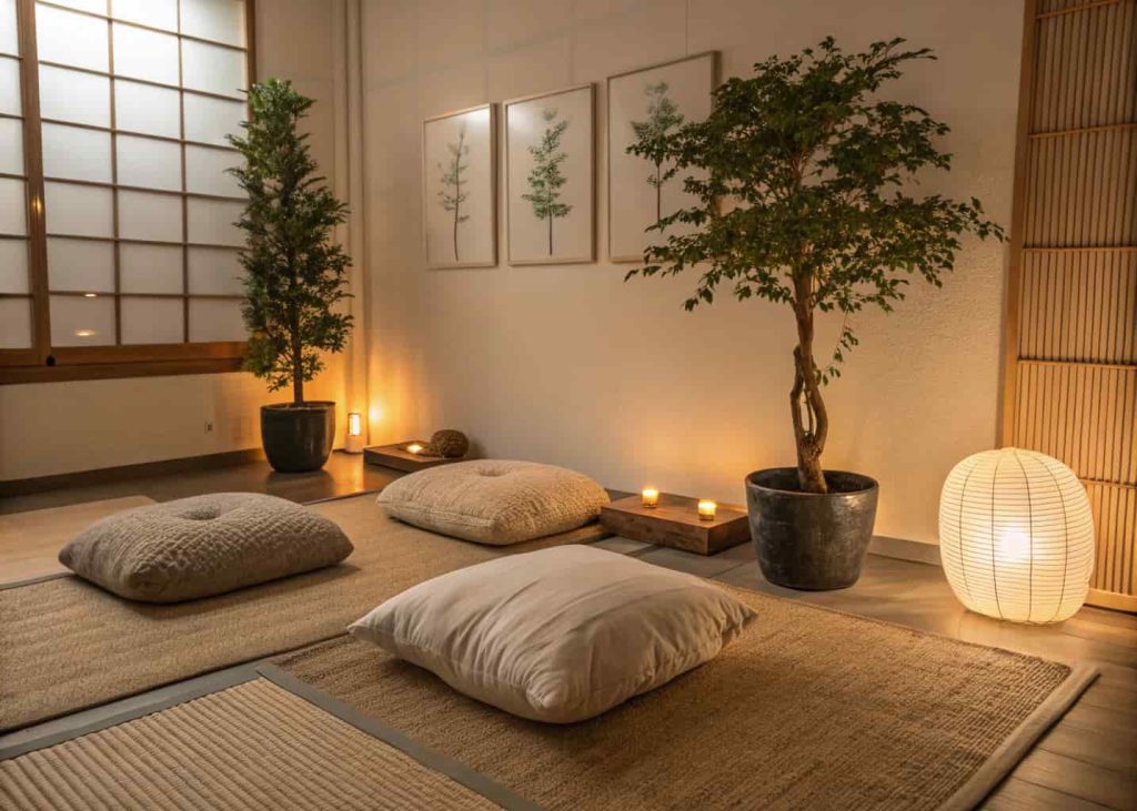 “A peaceful meditation corner with cushions, soft lighting, and a small indoor plant, creating a calming atmosphere.”
