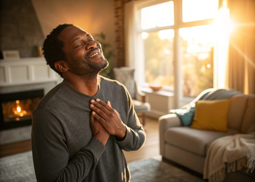 A woman smiling with eyes closed, hands near heart, surrounded by sunlight and cozy home vibes, feeling grateful.”