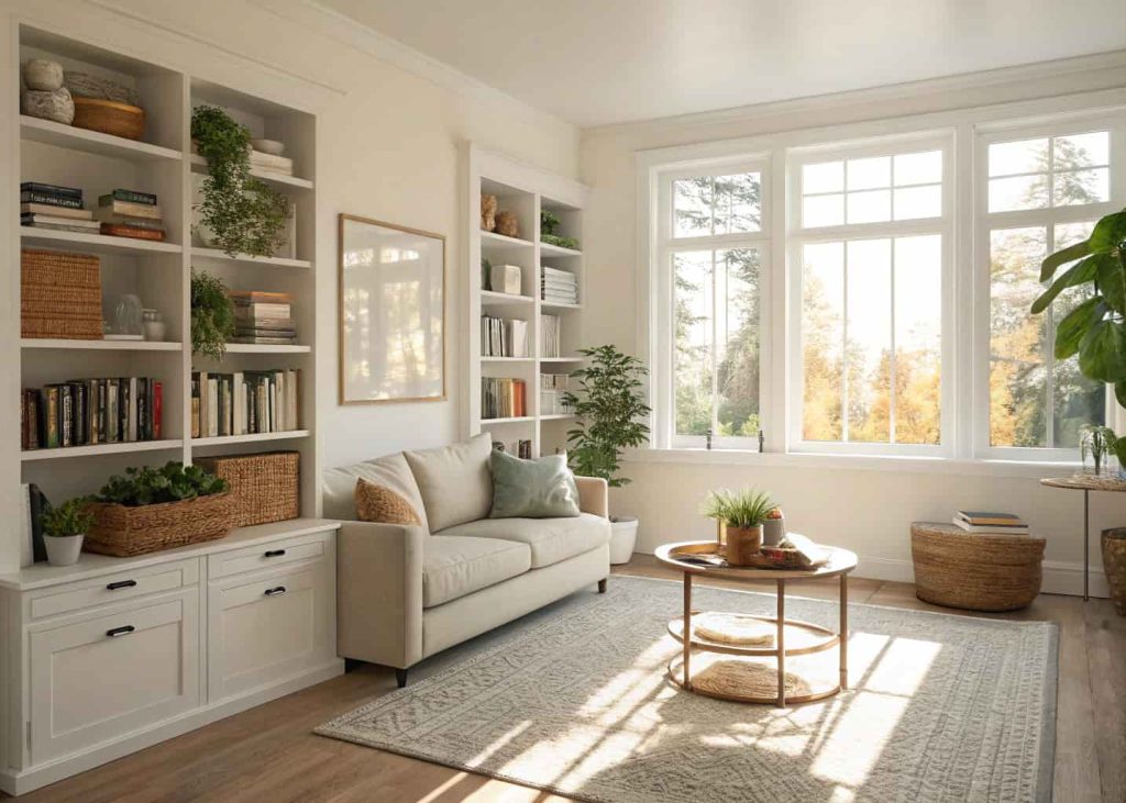 A bright, organized living room with minimal furniture, tidy shelves, and sunlight streaming through windows.”