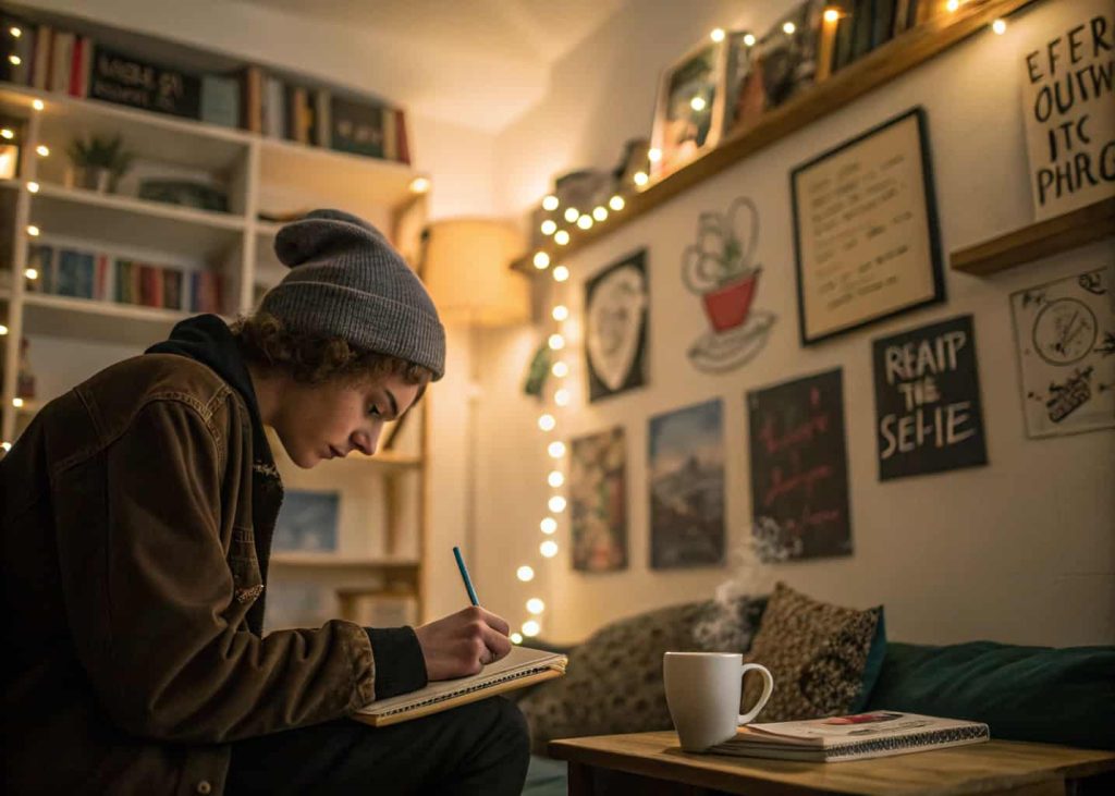 A person writing on a notebook with focus, surrounded by cozy room details and motivational items.”