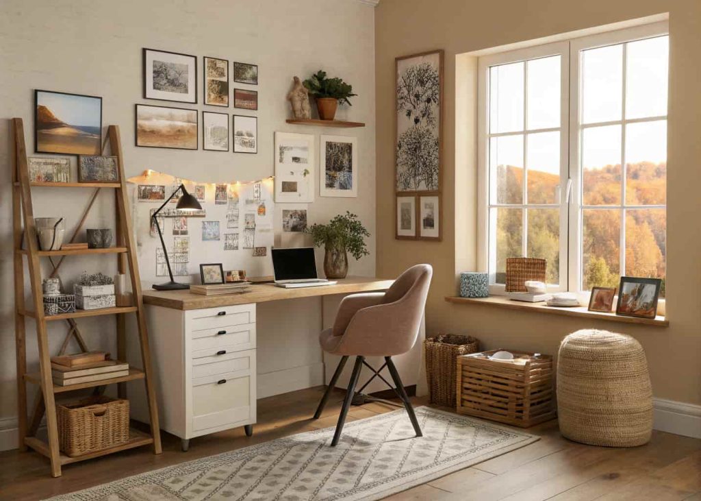 A stylish home workspace with inspirational photos, vision boards, and warm lighting.”