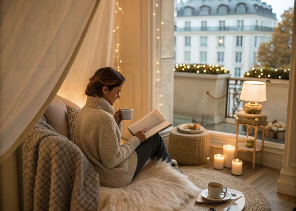A cozy corner in a room styled elegantly, with a person enjoying coffee and reading, feeling content.”