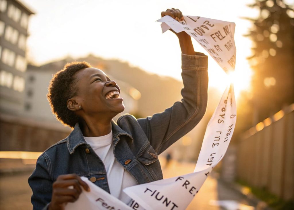 A person tearing up paper with negative words written, smiling, and feeling liberated, with soft sunlight around.”
