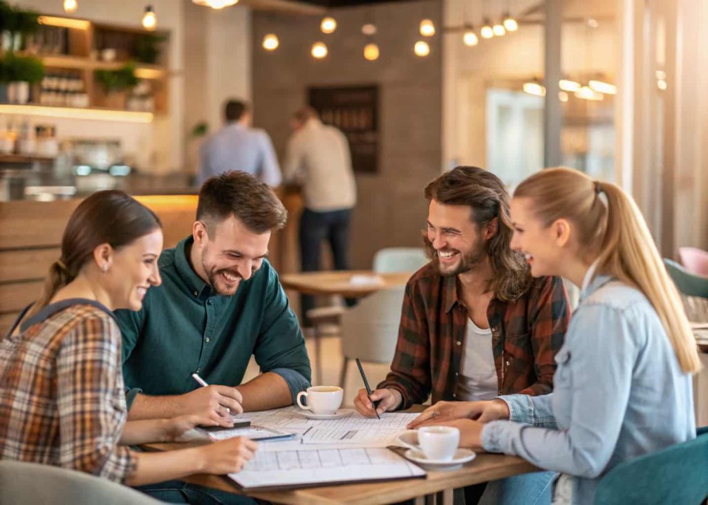 A friendly group of people sharing ideas in a cozy cafe, smiling, and discussing home design plans.”