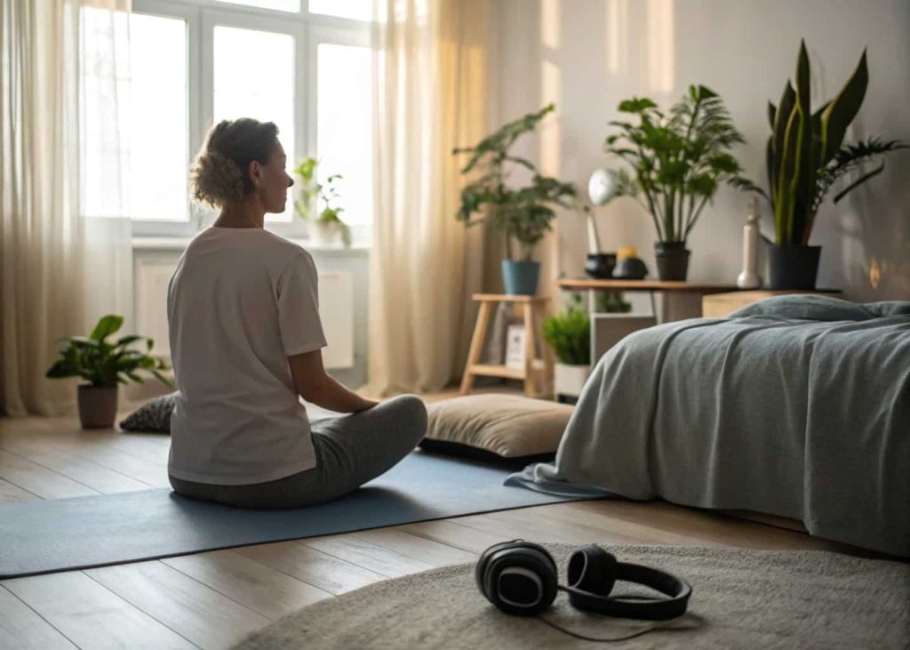 A calm bedroom with headphones, a person meditating on a mat, surrounded by soft cushions and plants.”