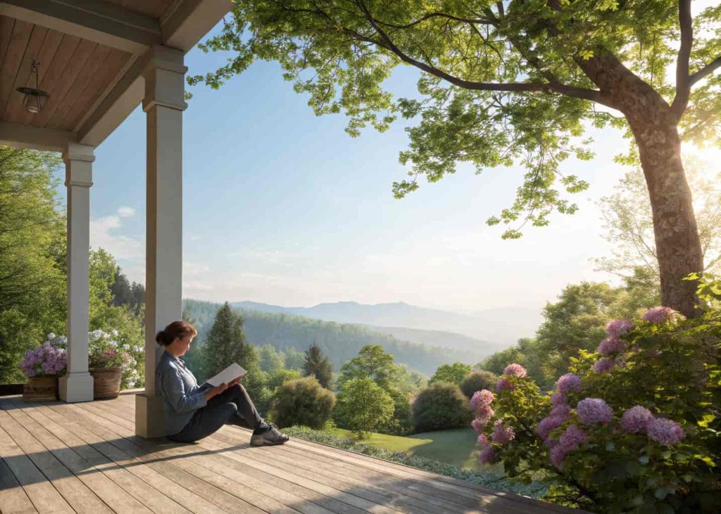 A serene outdoor scene with a person relaxing on a porch, enjoying sunlight and nature, feeling peaceful and patient.”