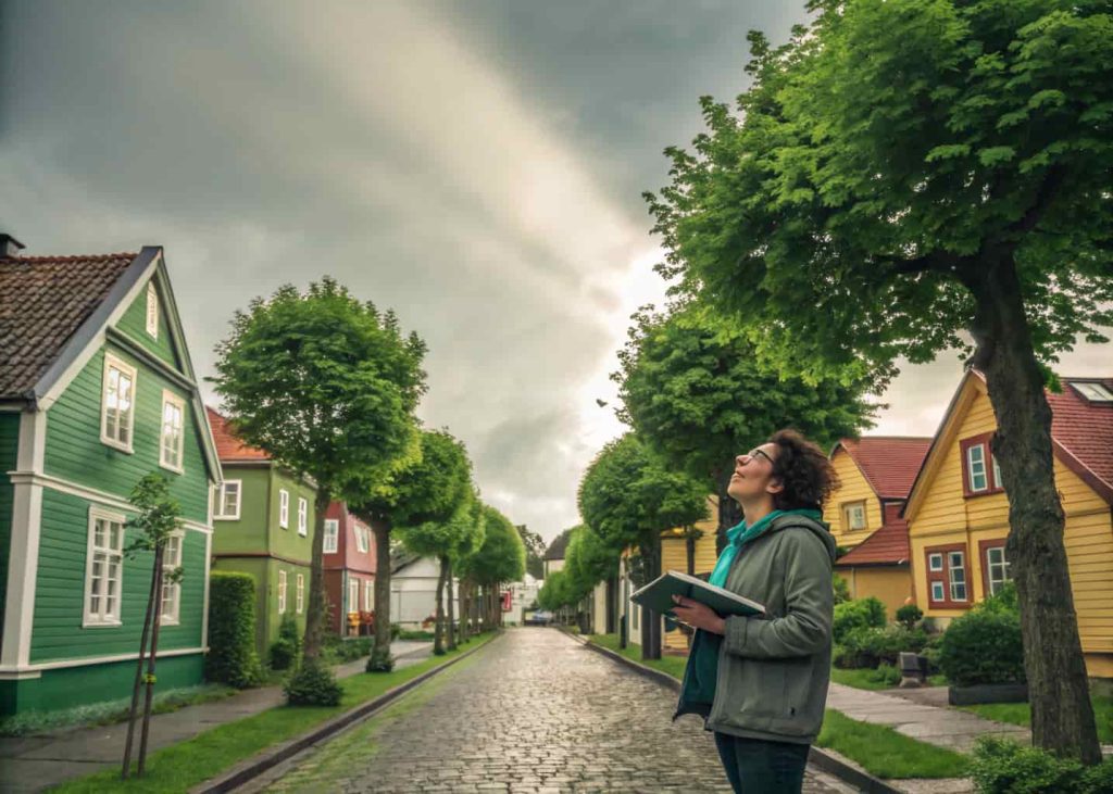 A person walking through a beautiful neighborhood, taking notes, and feeling excited about future possibilities.”