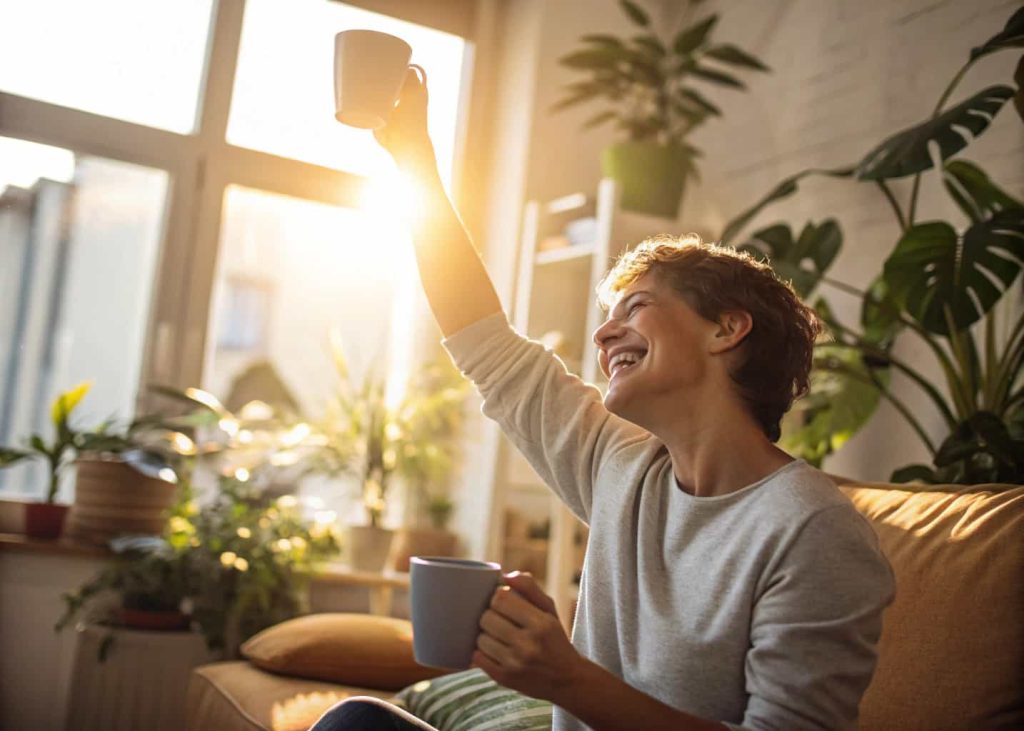 A person smiling and raising a coffee mug in celebration in a cozy home setting with sunlight and plants.”