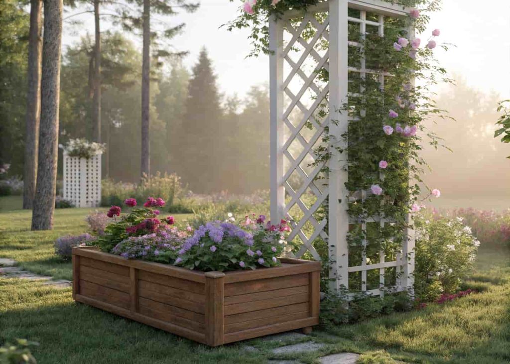Wooden planter box with white lattice trellis, blooming clematis vines, colorful garden flowers around, daylight outdoor scene.