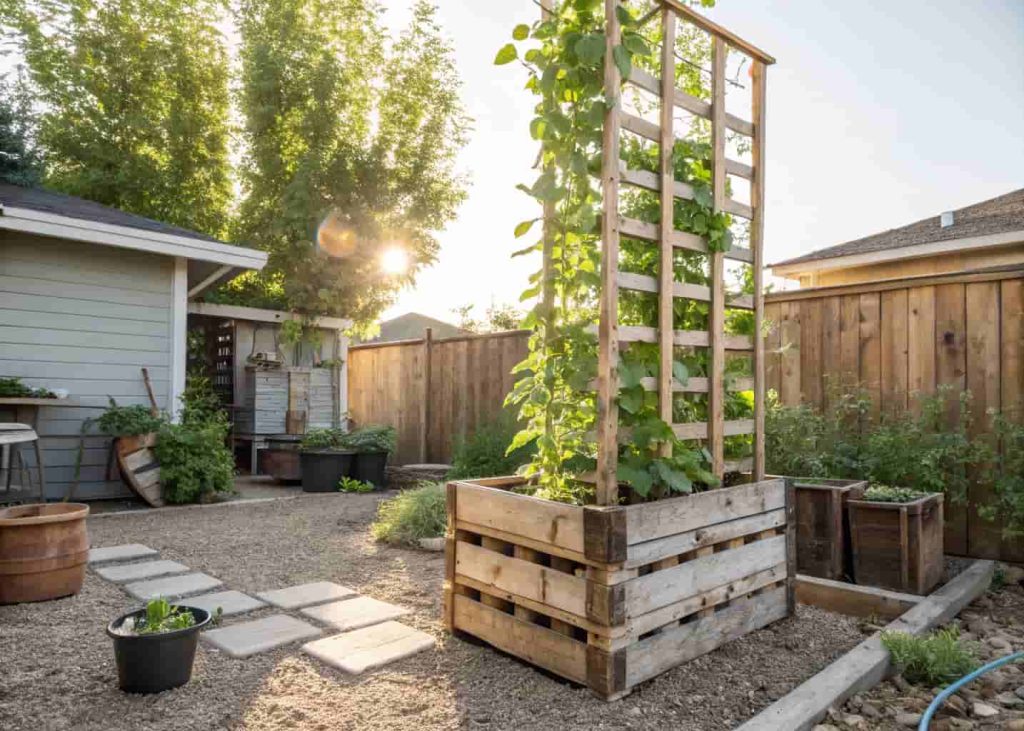 DIY pallet wood planter box with tall vertical trellis, green pea plants climbing, rustic backyard setting, sunny day.