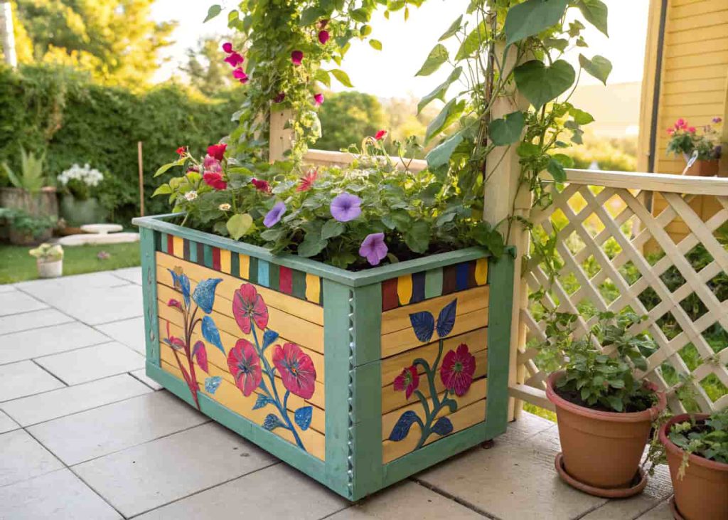 Colorful painted wooden planter box with trellis, morning glories climbing, bright outdoor patio, cheerful garden decor.