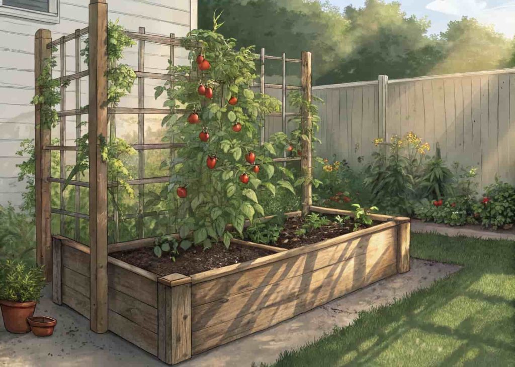 Raised wooden garden bed with trellis, growing tomatoes and beans, backyard garden, sunny day, realistic style.