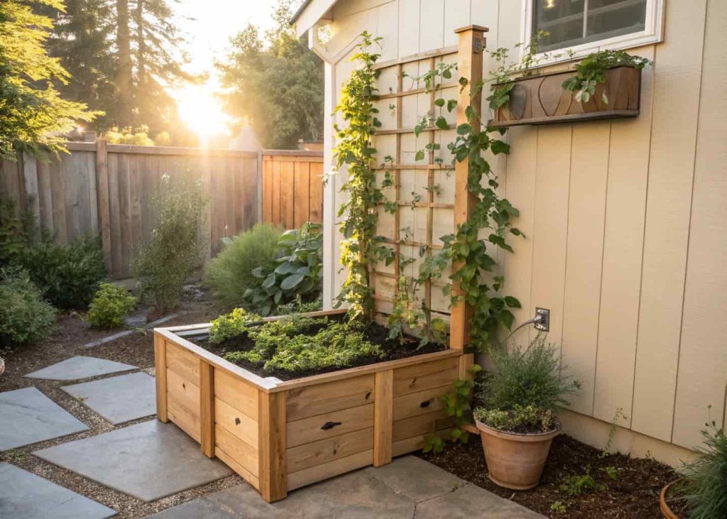Triangular corner planter box with trellis, ivy climbing, corner garden setup, natural sunlight, cozy backyard.