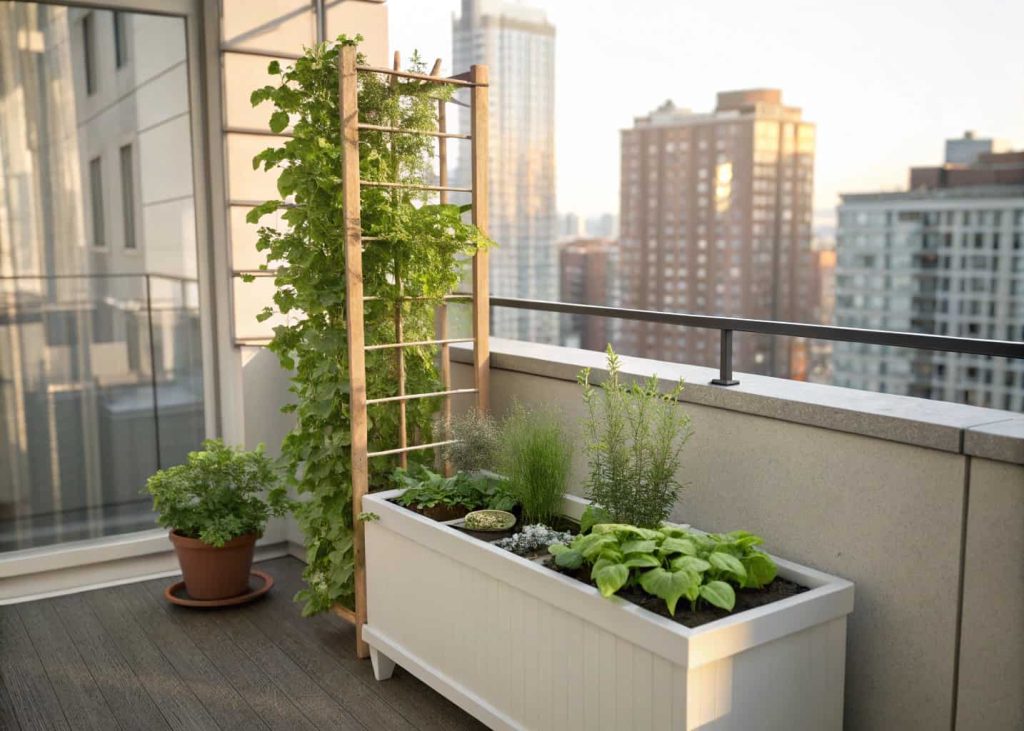Small balcony planter box with mini trellis, herbs growing, urban balcony background, morning sunlight, realistic style.