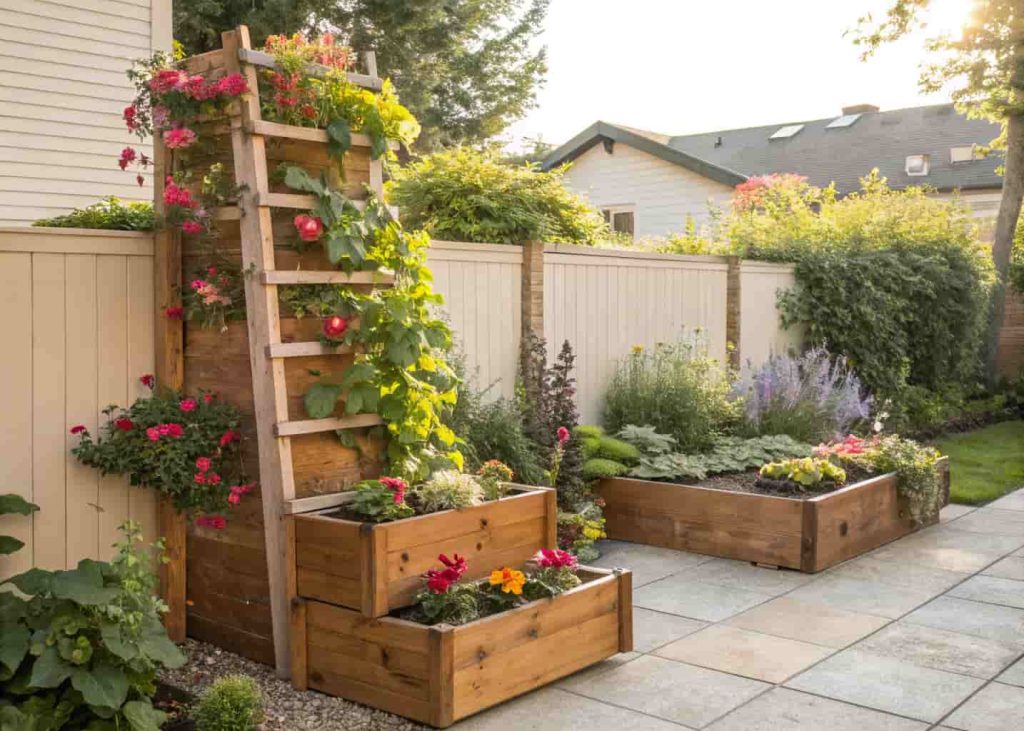 Tiered wooden planter boxes with ladder trellis, colorful flowering vines climbing, backyard garden, bright daylight.