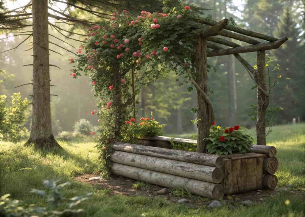 Rustic log planter box with branch trellis, climbing flowers, forest-style garden, soft natural lighting, realistic outdoor scene.