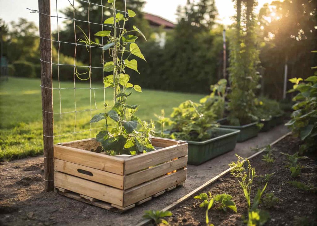 Wooden crate planter box with wire trellis, climbing beans, backyard garden, realistic daylight, simple gardening setup.