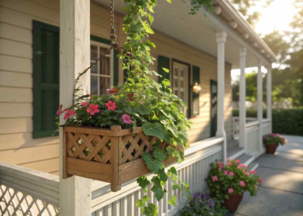 Hanging wooden planter box with small trellis, ivy and petunias climbing, porch background, bright sunlight, realistic style.