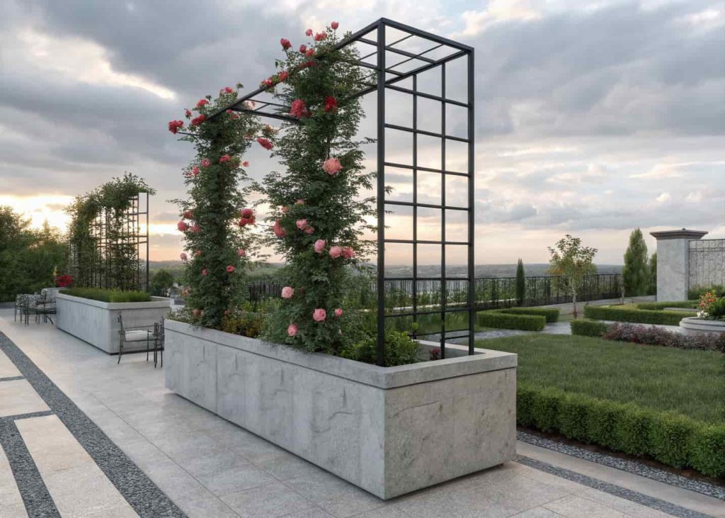 Modern concrete planter box with black metal trellis, climbing roses, contemporary garden setting, daylight, realistic style.