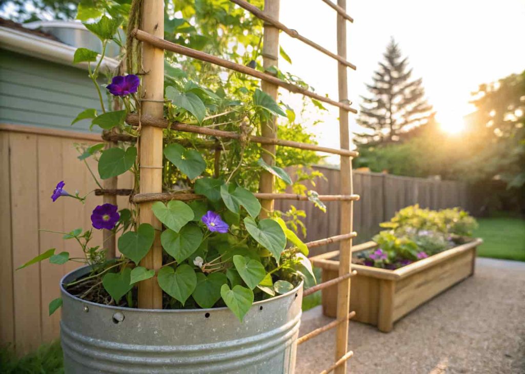 Recycled container planter with bamboo trellis, climbing morning glories, small backyard garden, sunny outdoor scene.