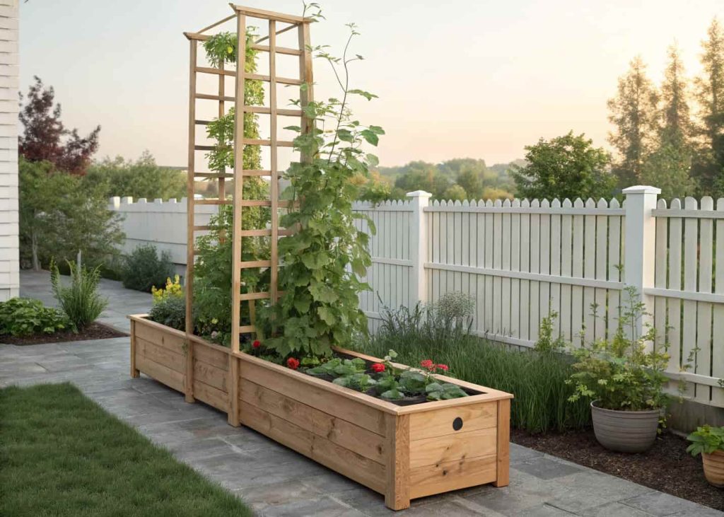 Long rectangular wooden planter box with step trellis, climbing vegetables, backyard fence, daylight, realistic garden setup.
